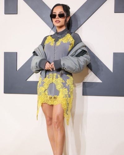 Becky G wearing oversized grey bomber jacket