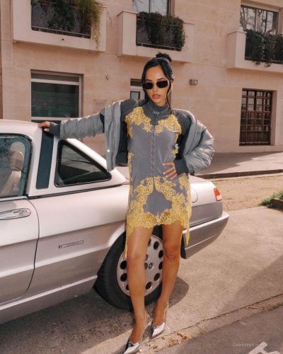 Becky G stylish gray dress with artistic details