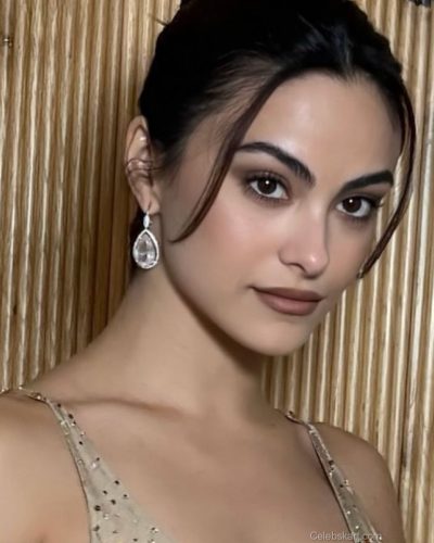 Camila Mendes wearing a beaded mesh gown with shimmering accents