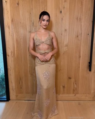 Camila Mendes in a sheer gown with rich beige color