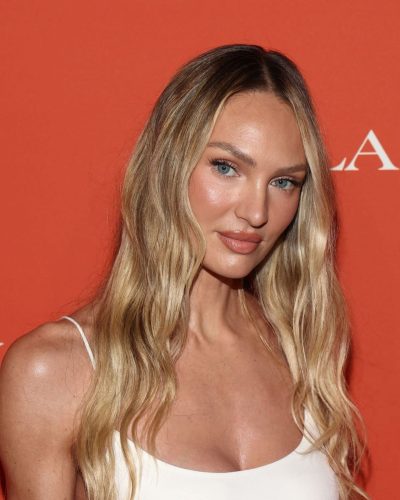 Candice Swanepoel white fitted dress with spaghetti straps