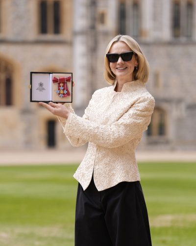 Carey Mulligan cream textured jacket and black wide-leg trousers