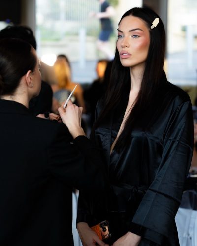 Daria Dereviankina stylish gown with earthy tones and beadwork