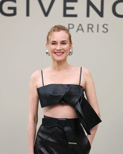 Diane Kruger dramatic folds in black leather crop top