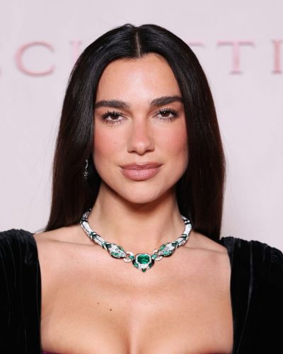 Dua Lipa black gown featuring luxurious velvet fabric and bold colors