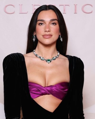 Dua Lipa black velvet gown with contrasting purple detail