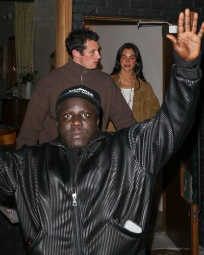 Dua Lipa wearing a fitted dress with feather details.