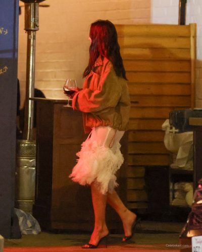 Dua Lipa dressed in a brown suede jacket and heels.