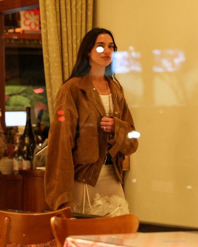 Dua Lipa wearing brown stiletto heels with her dress.