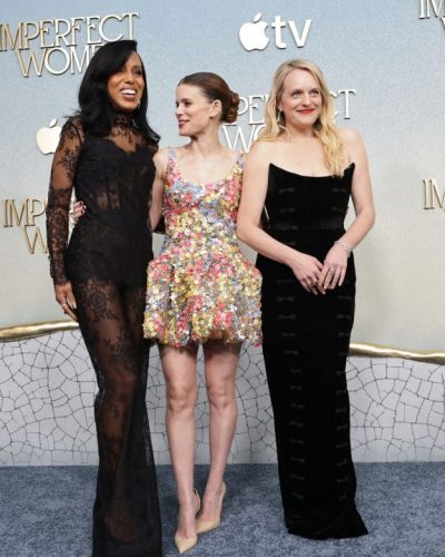 Elisabeth Moss sporting a black strapless gown with unique details