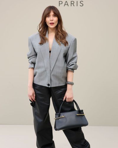 Elizabeth Olsen tailored gray blazer and chic black trousers