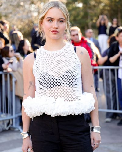 Emma Brooks floral hemline white mesh top and pointed-toe heels