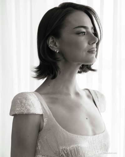 Emma Stone black and white photoshoot silver evening gown