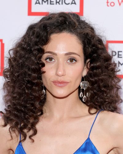 Emmy Rossum luxurious satin gown in rich blue color