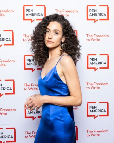 Emmy Rossum contemporary blue dress with sleek silhouette