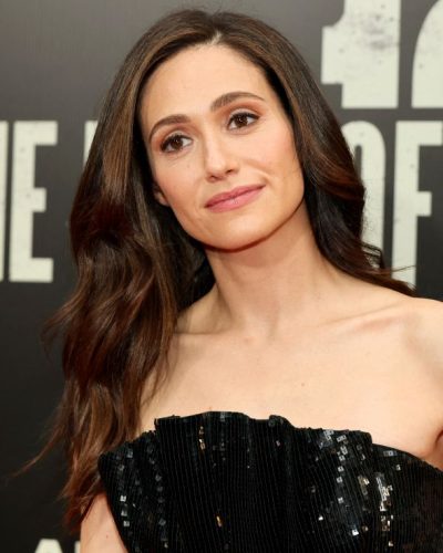 Emmy Rossum wearing outfit in outfit at elegantly hugged her figure style