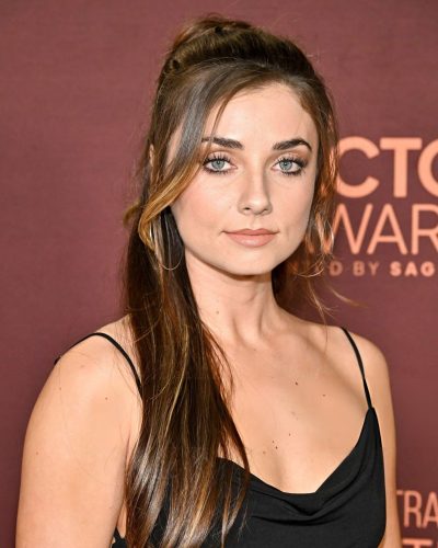 Giorgia Wingham black cowl neck dress with cascading hair