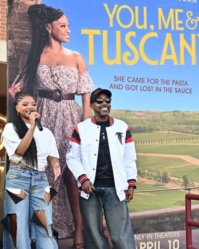 Halle Bailey white oversized tee with decorative accents