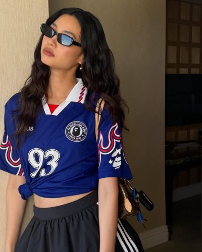 Hoyeon Jung wearing blue skirt at appearance 2023