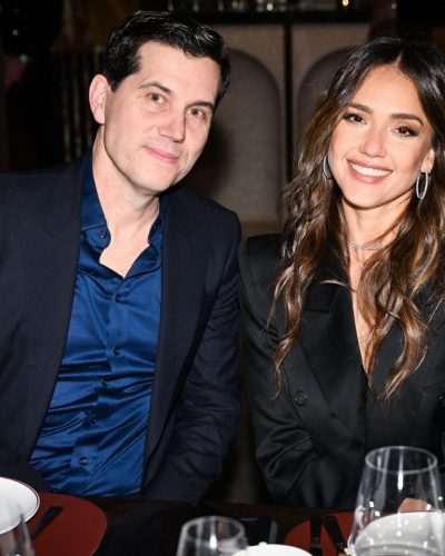 Jessica Alba in sleek black blazer and classic pumps