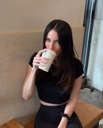 Jessica Lowndes black crop top and black leggings coffee outing