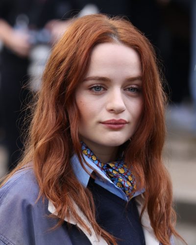 Joey King oversized blue jacket with distressed details