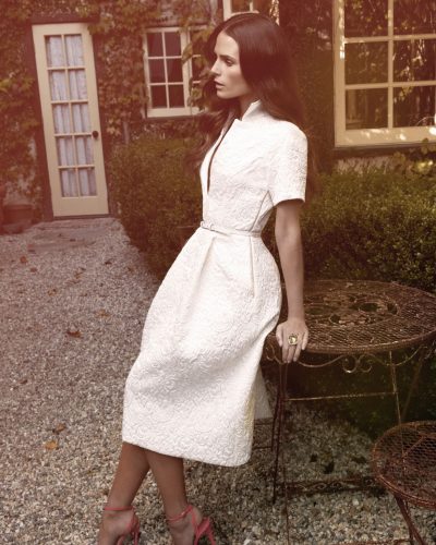 Jordana Brewster in a bold floral gown with cascading fabric