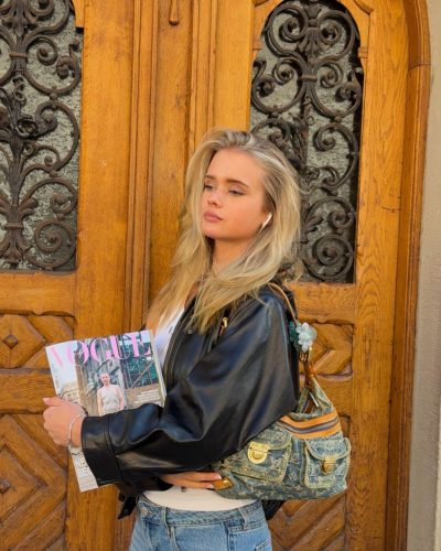 Jules Marie Jensen long wavy hair with casual attire