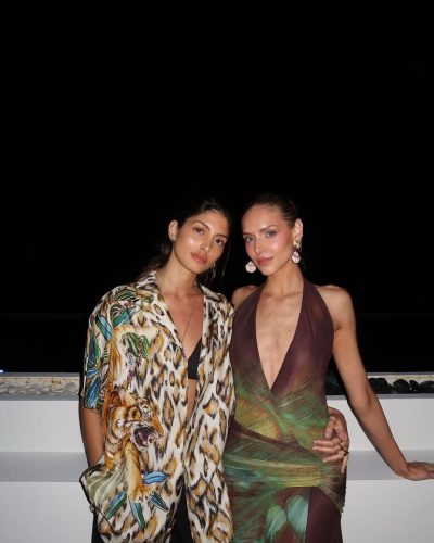 Kari Riley in a bold geometric bikini enjoying the summer sun.