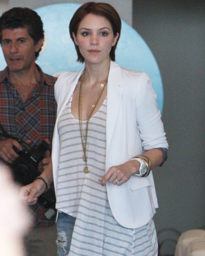 Katharine McPhee white blazer with gray and white striped top