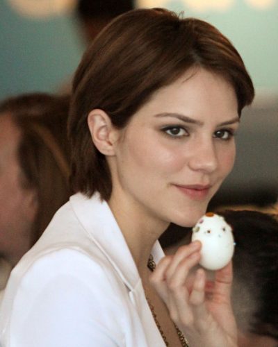 Katharine McPhee gray and white striped top paired with distressed shorts