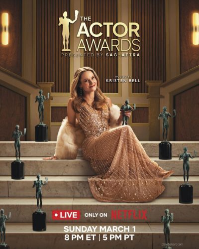 Kristen Bell bright green dress with graceful draping and structured design