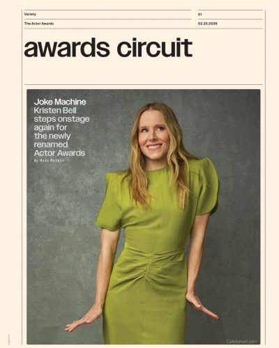 Kristen Bell fashionable green gown with a modern twist on classic style