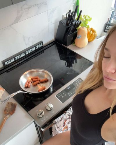 Kyla Dodds versatile grey crop top with olive cargo trousers