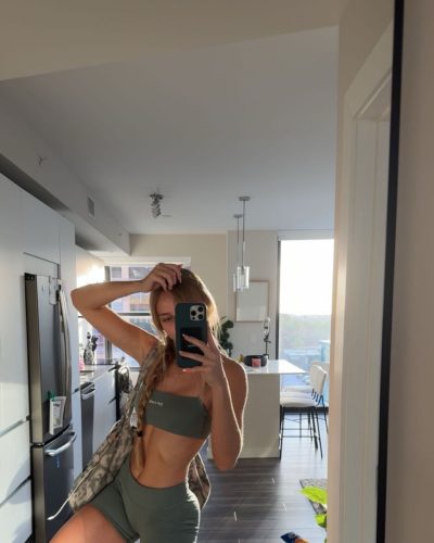 Kyla Dodds matching gray crop top and high-waisted shorts