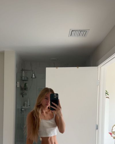 Kyla Dodds relaxed gray crop top with high-waisted shorts