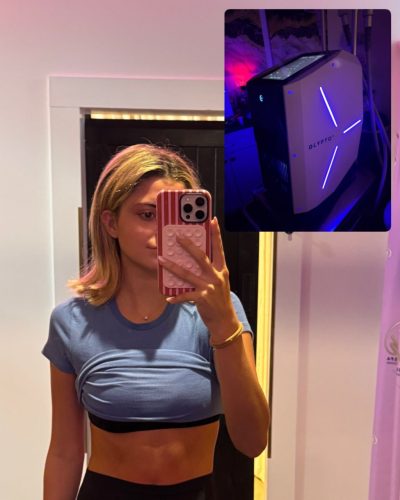 Kylan Darnell floral bikini in black with round sunglasses