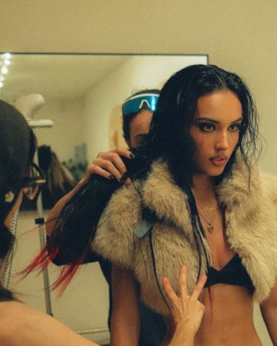 Kylie Cantrall with luxurious fur cropped top and pants