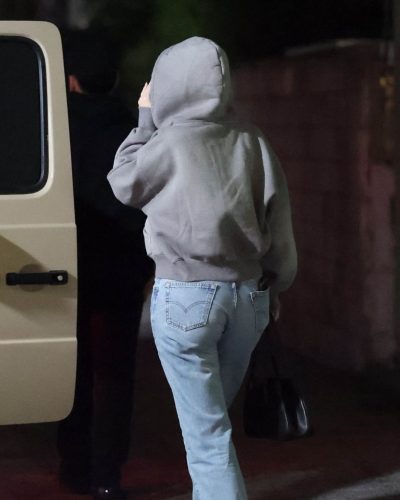 Kylie Jenner gray sweatshirt with chic handbag