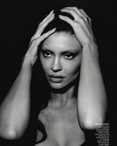 Kylie Jenner modern black bra and high-waisted pants combination