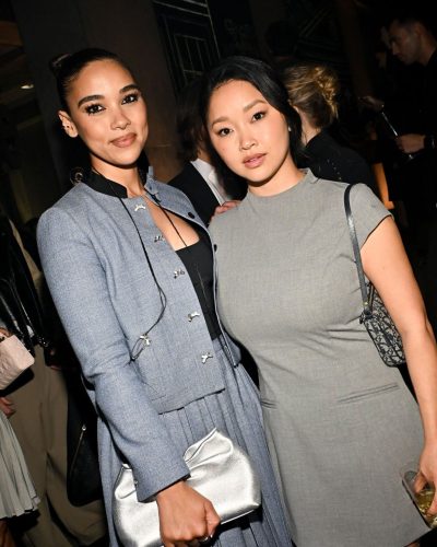 Lana Condor gray gown featuring a tailored fit and polished sheen.