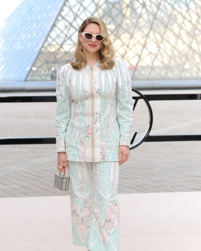 Lea Seydoux in structured mint green jacket and stylish cropped trousers