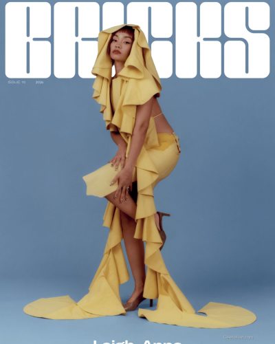 Leigh-Anne Pinnock in yellow ruffle dress with bold lip makeup