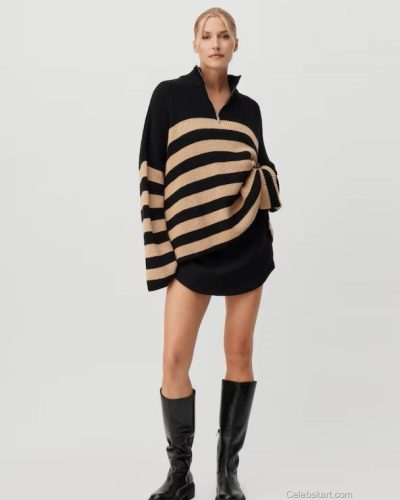 Lena Gercke brown sweater and high-waisted trousers combination