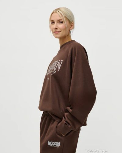 Lena Gercke stylish brown knitted sweater with white accents