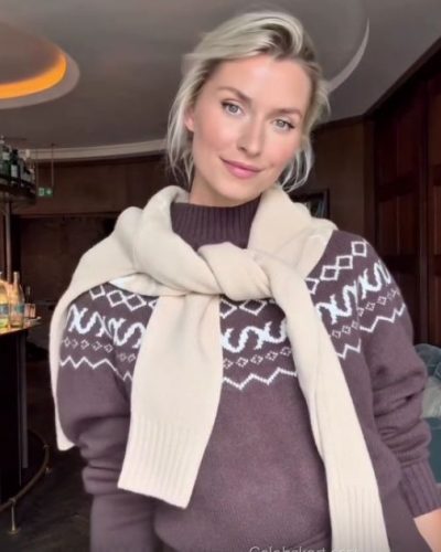 Lena Gercke warm brown and white color scheme outfit