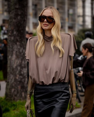 Leonie Hanne black skirt and transparent heeled sandals