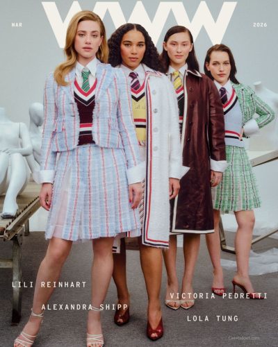 Lili Reinhart wearing structured white blazer and matching trousers