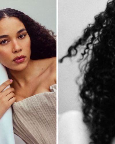 Lili Reinhart styled in contemporary light blue and white suit