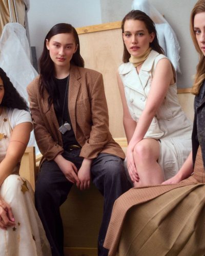 Lili Reinhart in tailored light blue suit with intricate patterns